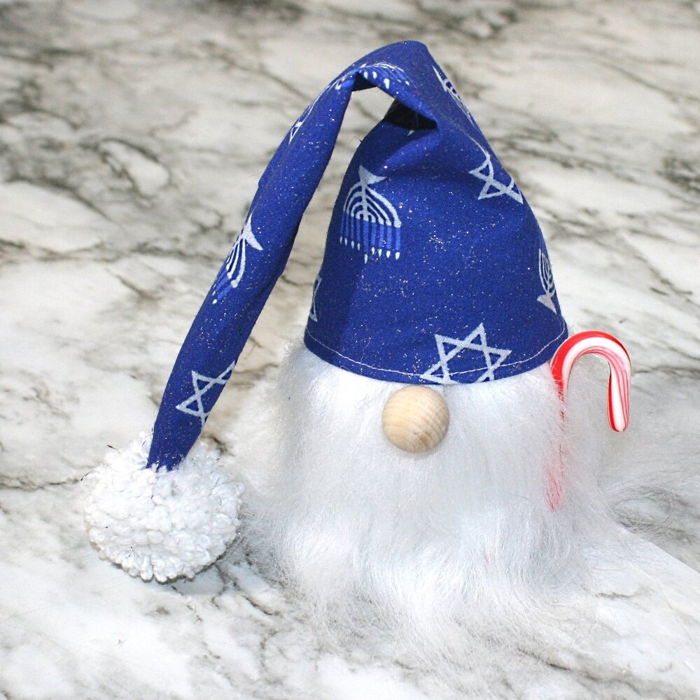 HAND CRAFTED Gnome Hanukkah Air Freshener Cover - Blue Stars Menorahs White
